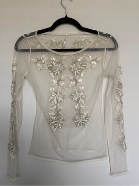Anthropologie Ivory Sheer Long-Sleeve Embellished Top